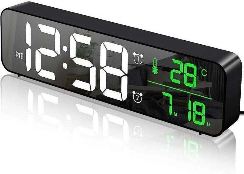 Digitaler Wecker, Wanduhr, LED-Digitalwecker mit großem Display, Temperatur- und Datumsanzeige, 2 Weckzeiten, 40 Musikop...