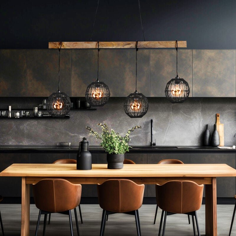 Hängelampe Pendelleuchte Wohnzimmerlampe Esstischleuchte Küchenlampe, Metall schwarz Holz naturfarben, Höhenverstellbar,...