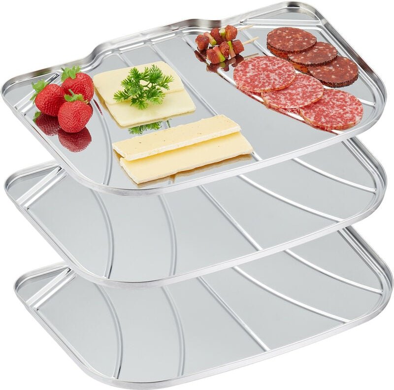 Relaxdays Servierplatte, 3er Set, Edelstahl, Anrichteplatte für kalte Speisen, spülmaschinenfest, Abtropfschale, silber