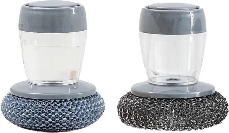 CCYKXA Spülbürste mit Seifenbehälter, 2-teiliges Set, Küchenbürste mit Druckknopf, Stahlkugelbürste für hartnäckige Flec...