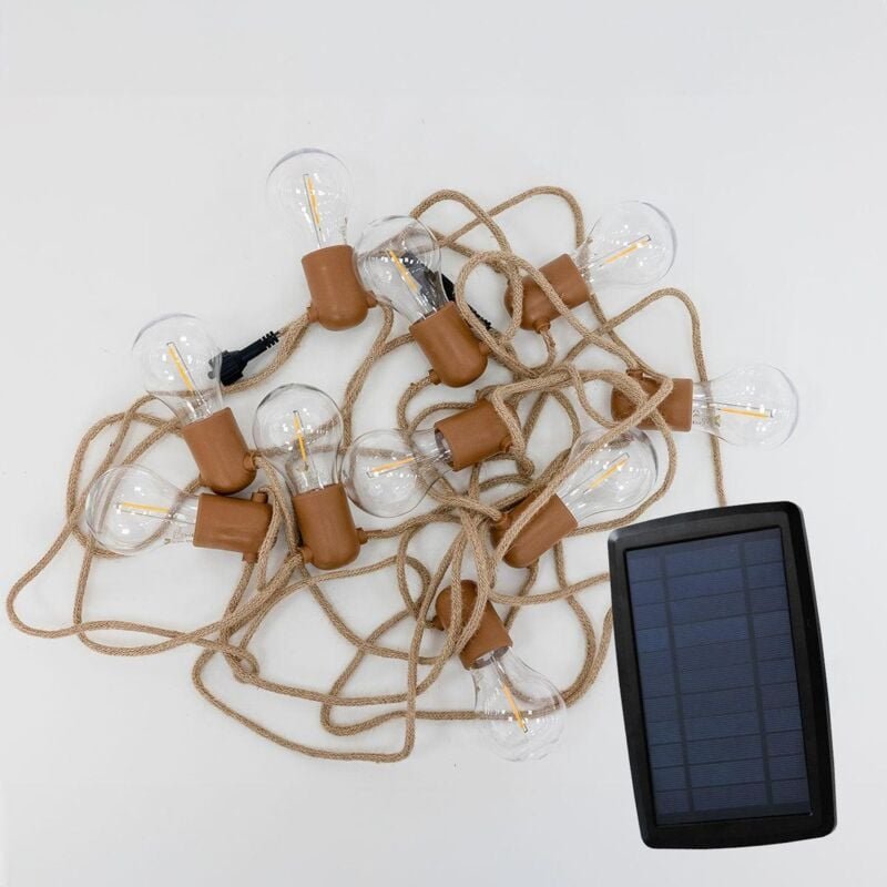 Licht-erlebnisse - led Lichterkette Solar 10x led E27 IP44 5m lang Juteseil 2700 k warmweißes Licht Außenlichterkette