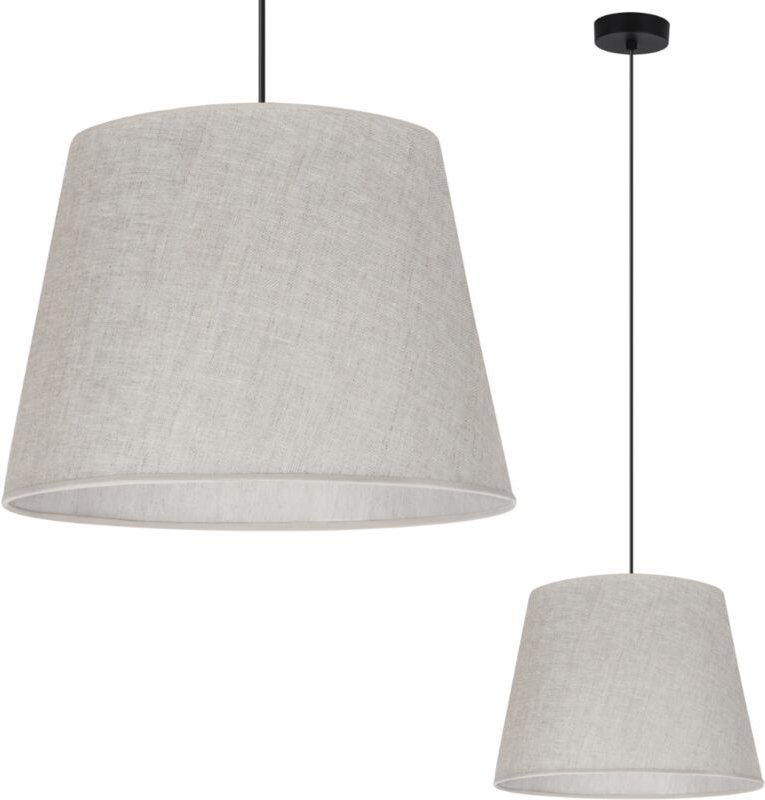 Hängelampe, Leinenkegel, schwarz, 1 flacher, hellbeiger Lampenschirm, L01 38cm