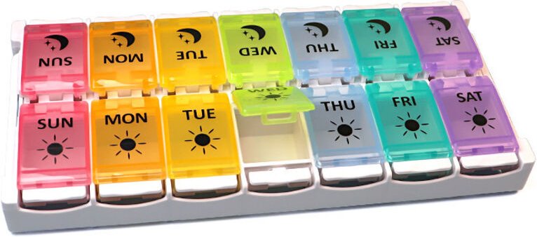 Gabrielle - Pillendose mit Druckknopf, 14 Fächer, leicht zu reinigen, Spender für die Woche morgens und abends, für unte...