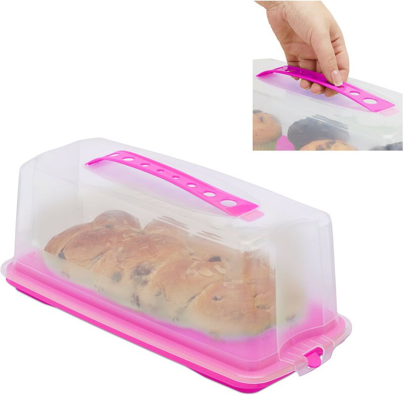 Relaxdays Kuchenbox eckig, Tragegriff, mit Deckel, für Kastenkuchen, Kuchenbutler, HBT 15 x 37 x 16 cm, pink/transparent