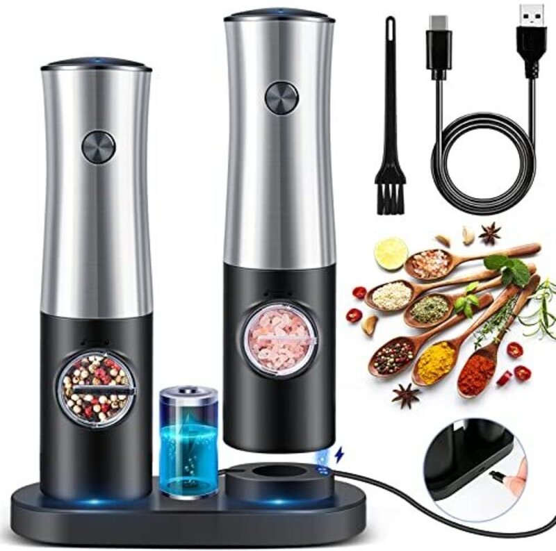 Elektrische Pfeffermühle, Salz- und Pfeffermühle mit wiederaufladbarem Sockel, weißem LED-Licht und einstellbarer Grobhe...