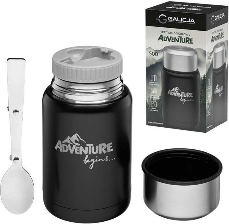 Termo de viaje ADVENTURE con cuchara plegable de 500 ml, de acero inoxidable, color negro, para cenas, sopa gulash y la ...