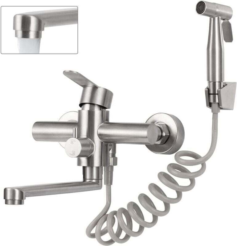Küchenarmatur, Wandmontage, mit Brause, 360° schwenkbar, 23 cm Schwenkauslauf, Warm- und Kaltwasser, 4 Betriebsarten, Ed...