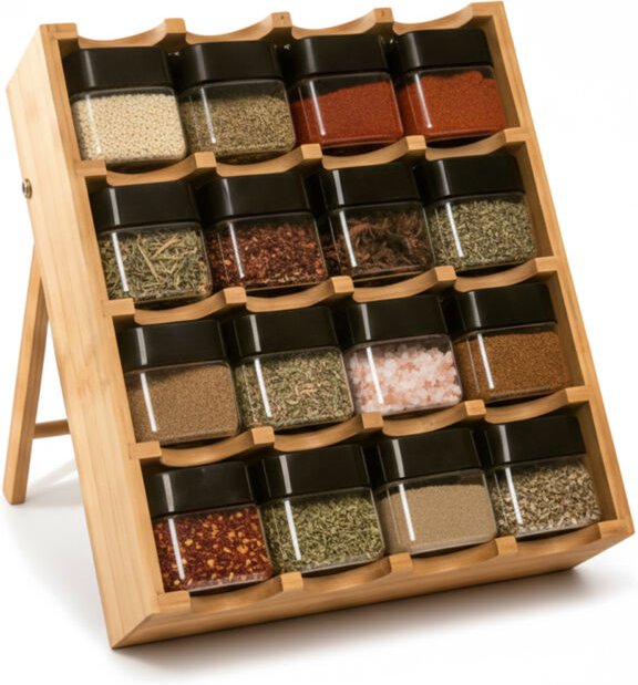 Relaxdays Gewürzregal mit 16 Gläsern, Bambus, HBT: 35x30x9 cm, 4 Etagen, Gewürztreppe stehend, Gewürzaufbewahrung, natur