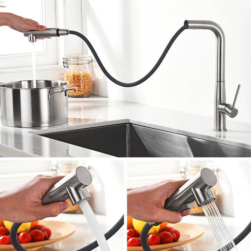 Edelstahl Hochdruck Küchenarmatur 360°schwenkbare Mischbatterie Ausziehbare Armatur Einhebelmischer Spültischwasserhahn