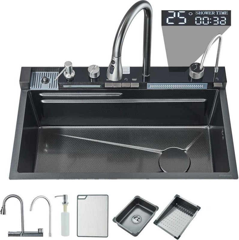 Küchenspüle Wasserfall-Spüle mit LED-Temperaturanzeige mit Tassenwaschmaschine, schwarzer Seifenspender, Wasserfall Spül...