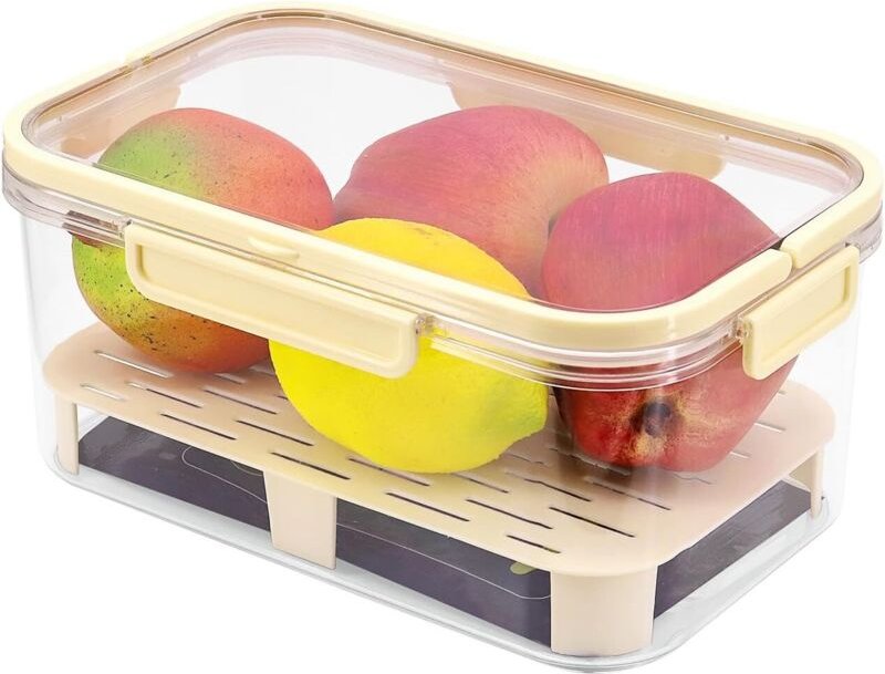 Aufbewahrungsbehälter mit Deckel und Abtropfgitter, ideal für Kühlschränke und Picknickkörbe im Freien.