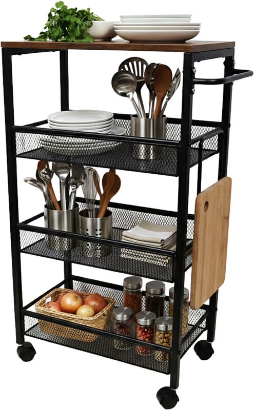 Relaxdays Nischenwagen, HxBxT: 77x22x45 cm, schmales Nischenregal Bad & Küche, 4 Ebenen, Rollregal Metall, braun/schwarz