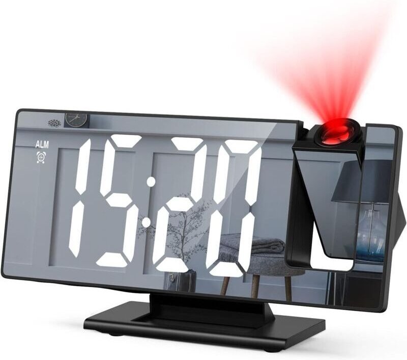 Deckenprojektor-Wecker, Morgenwecker mit LED-Spiegelbildschirm, 180° drehbarer digitaler LCD-Projektionsuhr