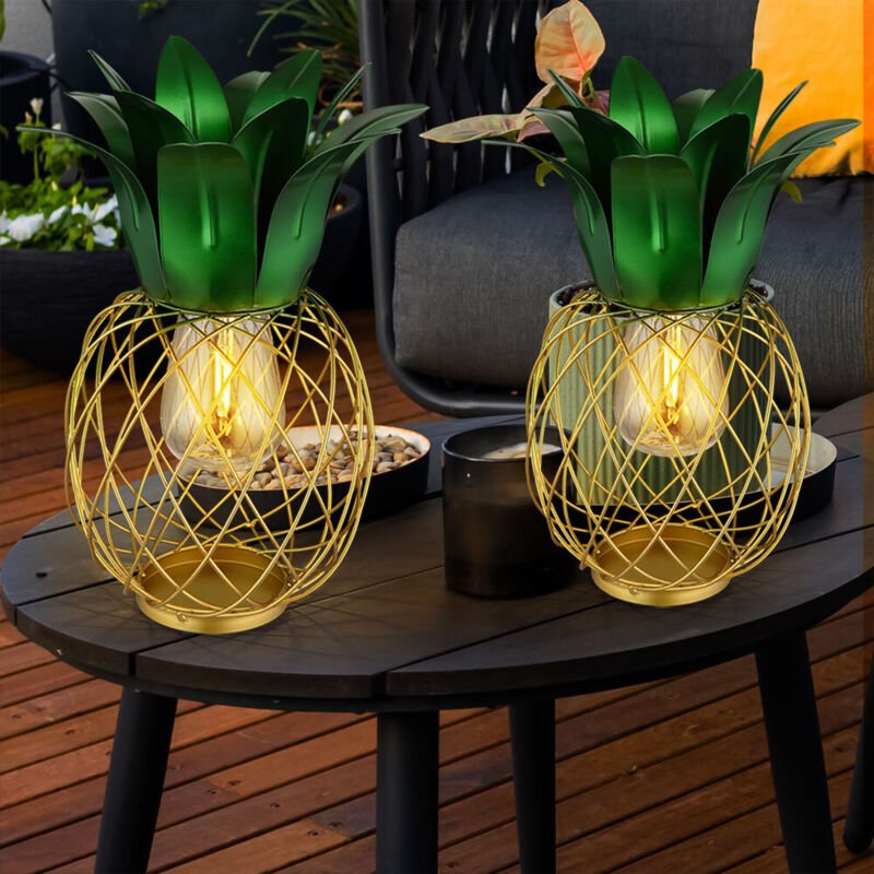 Solarleuchte Ananas Gartenfigur Dekoleuchte Terrassenleuchte Balkon, IP44, Akku, gelb grün, 1x LED, DxH 20x28 cm, 2er Se...