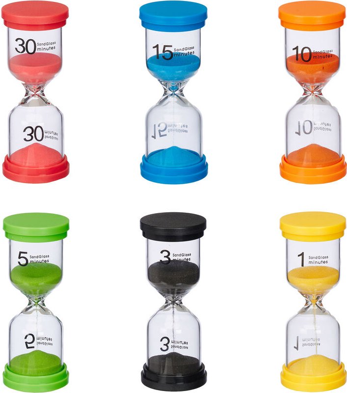Relaxdays - Sanduhren Set, 6-teilig, Kurzzeituhr, 1/ 3/ 5/ 10/ 15/ 30 Min, h x d: 11 x 4,5 cm, Eieruhr Sand, Kinder, bun...
