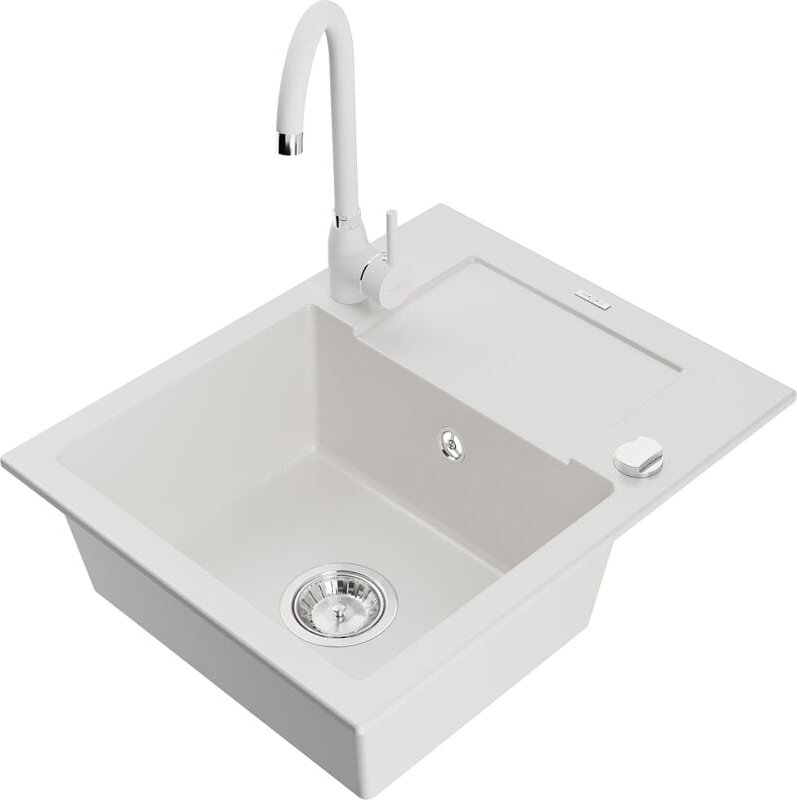 Enzo 1 Becken-Granitspüle mit Abtropffläche und Mischbatterie Telma, Weiß - 6506-20-670200-20 - Mexen