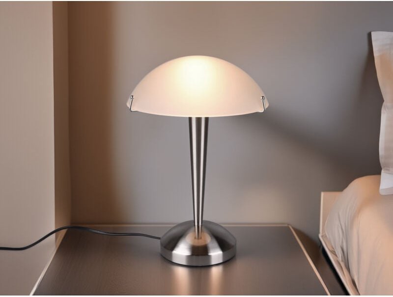 Meinewunschleuchte - led Tischleuchte Silber mit Glasschirm Weiß & Touchfunktion, Höhe 32cm