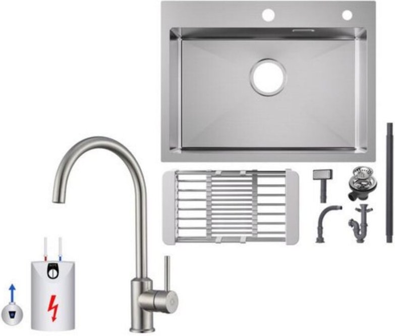 Küchenspüle aus Edelstahl 60x45cm Aufsatzwaschbecken Gebürstete + Niederdruck-Küchenarmatur Gebürstete Küche Wasserhahn ...
