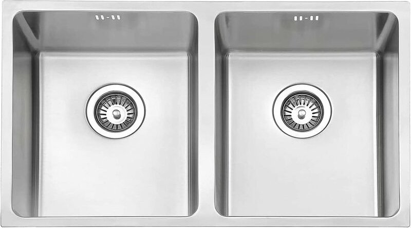 Küchenspüle 2 Becken Unterbau-Küchenspüle, 750 x 440 mm Doppelschüssel Unterbauspüle aus Edelstahl mit Abfallsieb, Abfal...