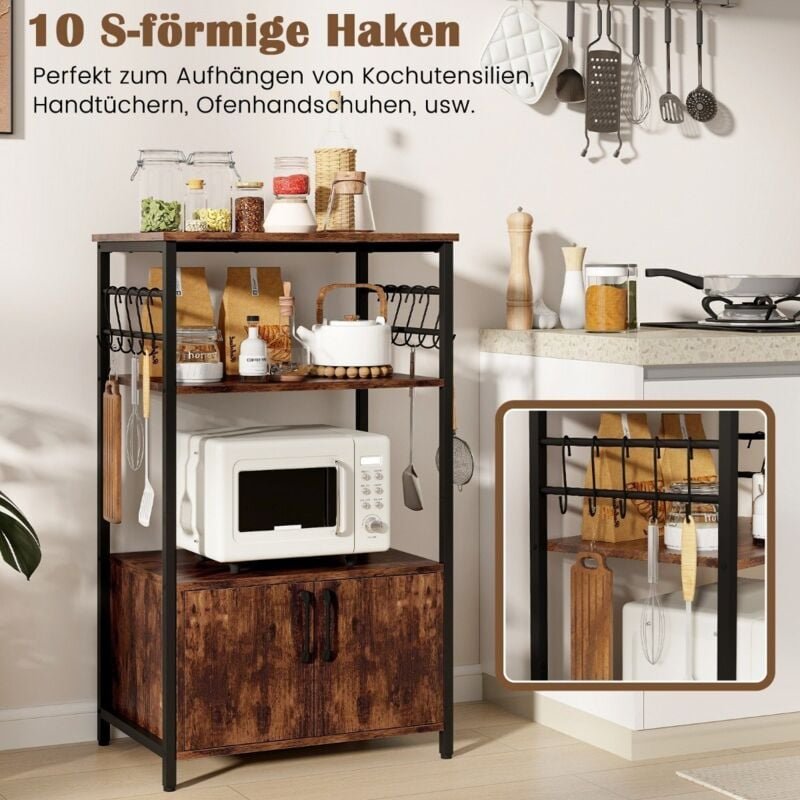 Kuchenregal mit schrank 3 stockiger backerregal mit 2 offenen ablagen 10 haken 60 x 40 x 100 cm braun