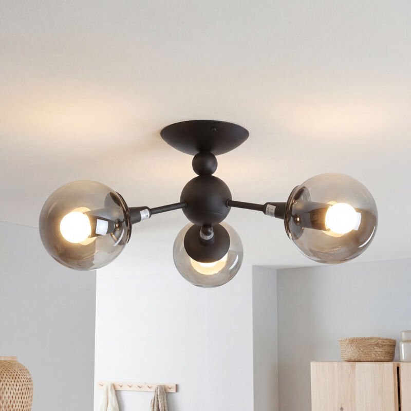 Deckenleuchte Metall Rauchglas 48 cm breit Schwarz 3-flammig E27 Kugel Schirm Retro Deckenlampe
