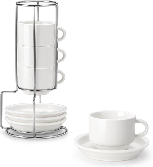 4er-Set Kaffeetassen für 4 Personen, 90 ml, stapelbar, mit Untertasse und Metallständer, ideal für Espresso, Cappuccino,...