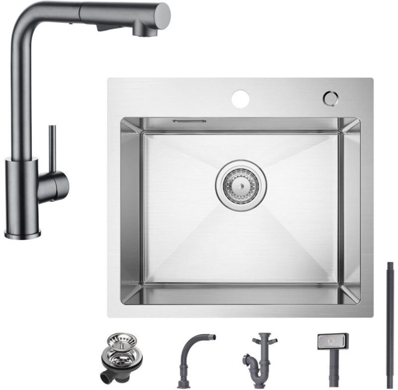 Cecipa Max - Spülbecken mit 1 Becken 50×45CM Edelstahlspüle Gebürstete + Küchenarmatur mit 2 Strahlarten Grau ausziehbar...