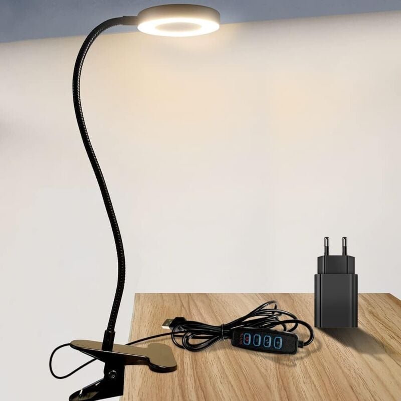 LED-Schreibtischlampe, Klemmlampe mit USB-Ladegerät, 360° flexible Klemm-Leselampe, 3 Beleuchtungsmodi & 10 dimmbare Stu...