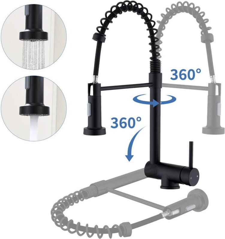 Küchenarmatur Klappbar Schwarz – Spültischarmatur aus Edelstahl mit Feder, 360° Drehbarer Auslauf und 2 Strahlarten