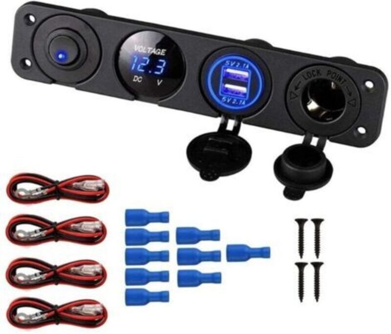 Zigarettenanzünderbuchse, zwei USB-Anschlüsse (2,1 A), 12-V-Gleichstromsteckdose, Schalter und LED-Voltmeter. Wasserdich...