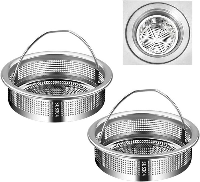 KZQ - Set di 2 filtri per lavello da cucina filtro in acciaio inox con maniglia, diametro 7,7 cm, facile da pulire.