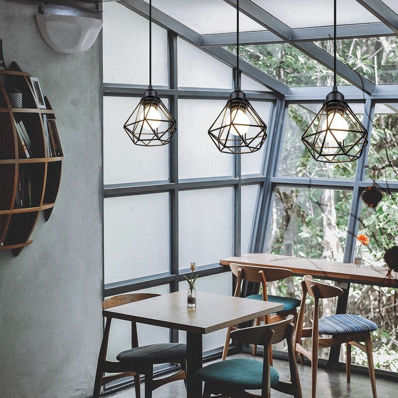 3er Pendelleuchte, Kronleuchter im Industri Stil, Antik Hängelampe mit Ø16cm Mini Diamant-Form Käfig E27 Halter für Wohn...