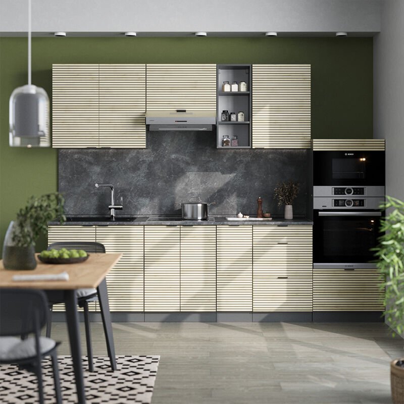 Küchenzeile Fame-Line, Eiche Paneel/Anthrazit, 280 cm ohne Arbeitsplatte, Vicco