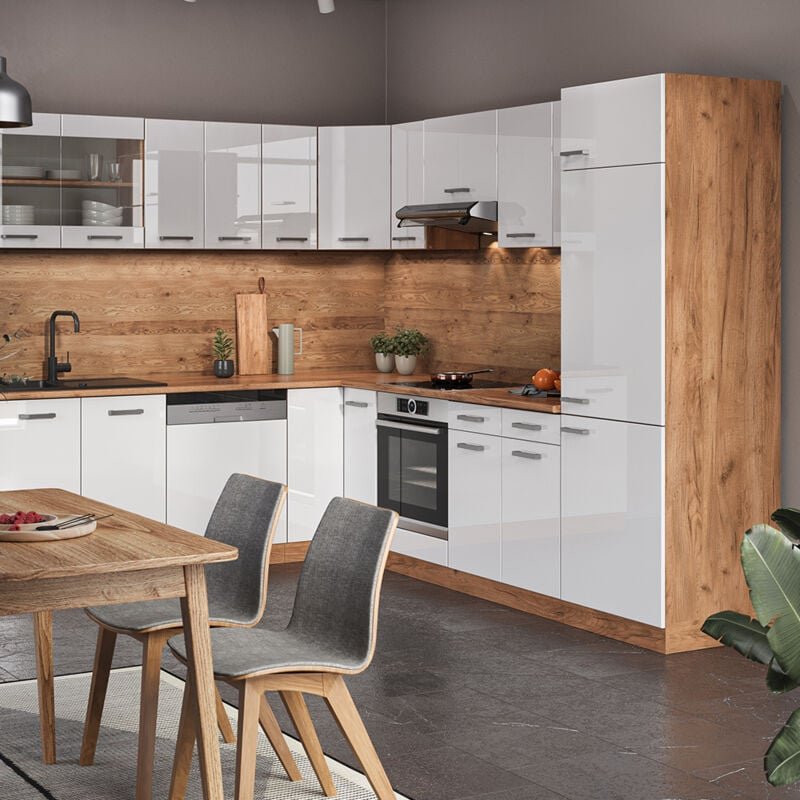 Vicco - Eckküche R-Line, Weiß Hochglanz/Goldkraft Eiche, 227 x 287 cm ohne Arbeitsplatte