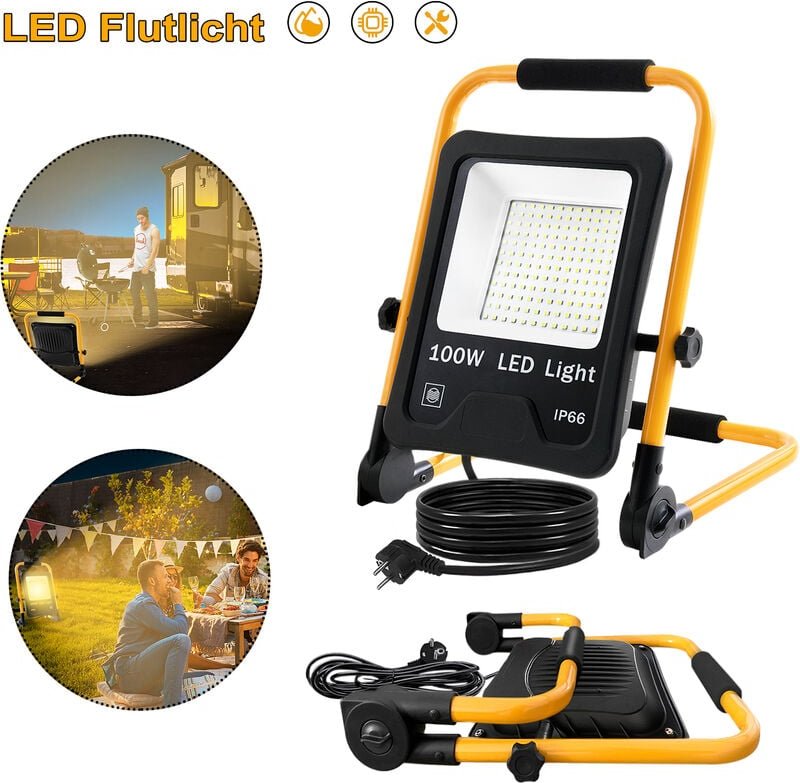 Led Baustrahler 100W Warmweiß inkl. Standgestell und Netzkabel - led Fluter Arbeitsscheinwerfer Wasserdicht IP66 für Inn...