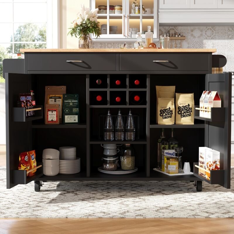 Moderne Kücheninsel mit Holzmaserung (102x45x92cm),multifunktionaler Küchenschrank,Buffetschrank und Speisewagen in schw...