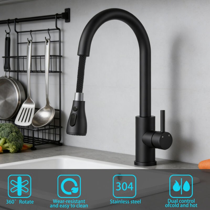 Duschparadies Küchenarmatur mit Ausziehbarer Brause 3 Modi Hochdruck Wasserhahn Küche Schwarz