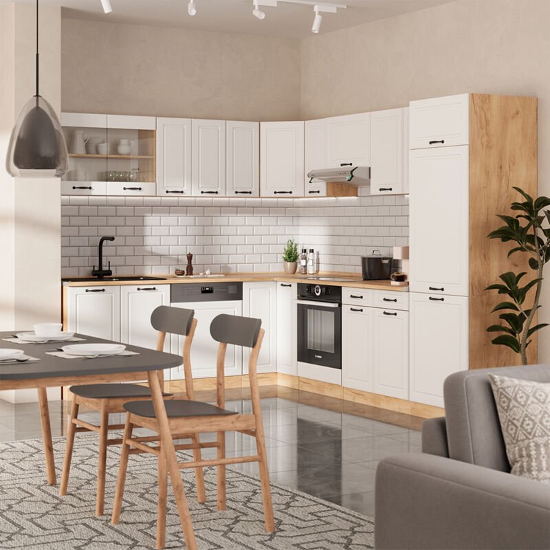 Vicco - Eckküche R-Line, Weiß Landhaus/Goldkraft Eiche, 227 x 287 cm ohne Arbeitsplatte