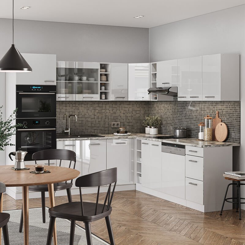 Vicco - Eckküche R-Line, Weiß Hochglanz/Weiß, 237 x 60 cm ohne Arbeitsplatte