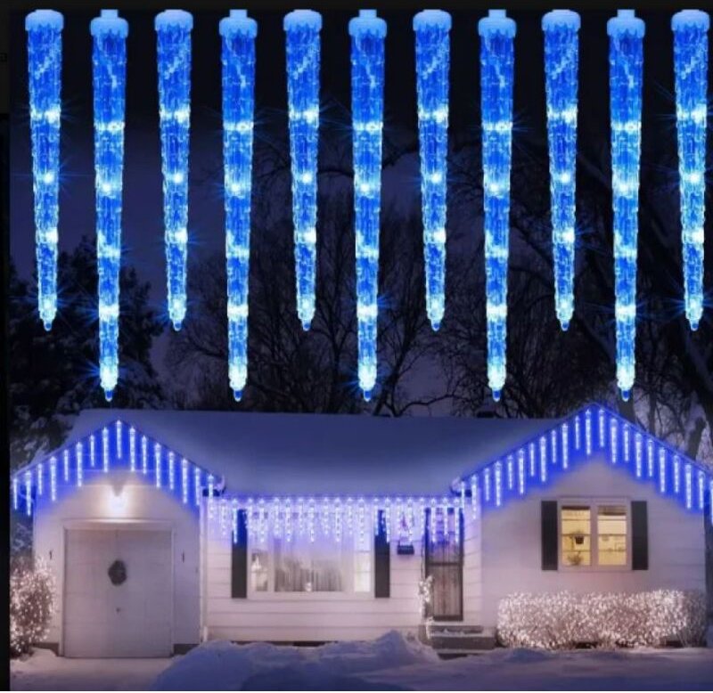 LED-Lichterkette mit 8 Eiszapfen (50 cm) – Blaues Licht, Meteoritenschauer-Effekt, kombinierbar.