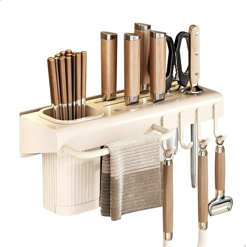 Messerhalter, multifunktionaler Küchenmesserständer mit Essstäbchenhalter, Tuchhalter und 4 Haken, wasserabweisender Mes...
