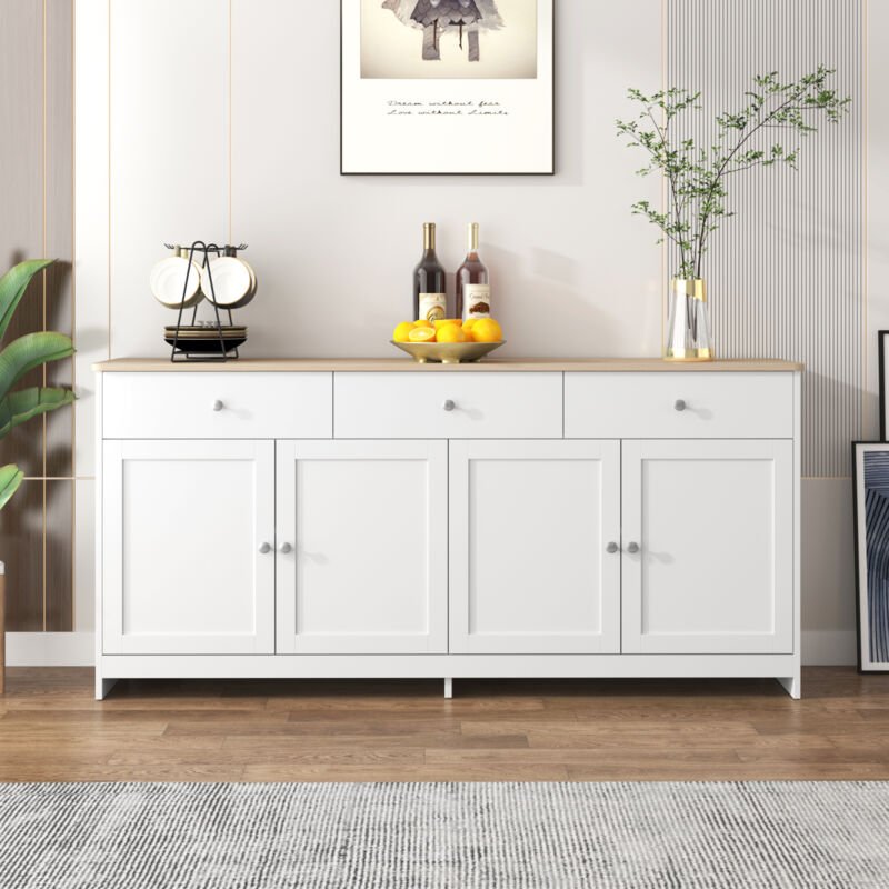 JOOKGBD-Küchen Sideboard 160x37x75cm, Küchenschrank,multifunktionaler Stauraum mit 3 Schubladen und 4 Türen,weißer