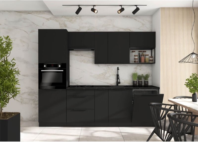 Küchenmöbel -Set Linares 260 cm mit Hängeschränken Matt-Schwarz Loft - Furnix