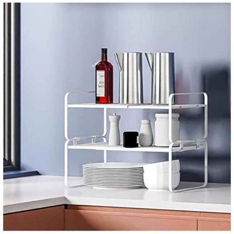 Weißes Küchenregal, 42 x 21 x 36,5 cm, Gewürzregal, stapelbar, ausziehbar, Metall, Holzwerkstoff, Tassenablage, Tellerab...