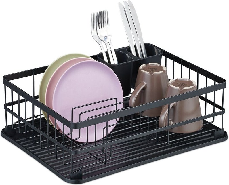 Abtropfgestell, Auffangschale, hbt: 15 x 42,5 x 32 cm, Geschirrtrockner für Teller, Tassen, Schalen, schwarz - Relaxdays