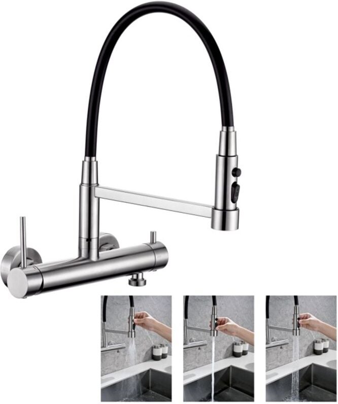 DETBOM Wandmontierte Küchenmischbatterie Küchenarmatur mit 3 Sprühern Spültischarmatur mit Ausziehbaren Schläuchen Armat...