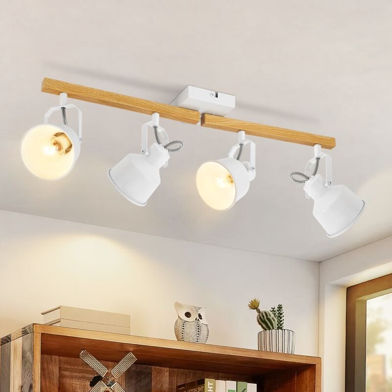 Deckenstrahler 4 Flammig Weiß: Deckenlampe Vintage Schwenkbar 350° MAX.25W E14 Fassung Industrial Holzmaserung Spotbalke...
