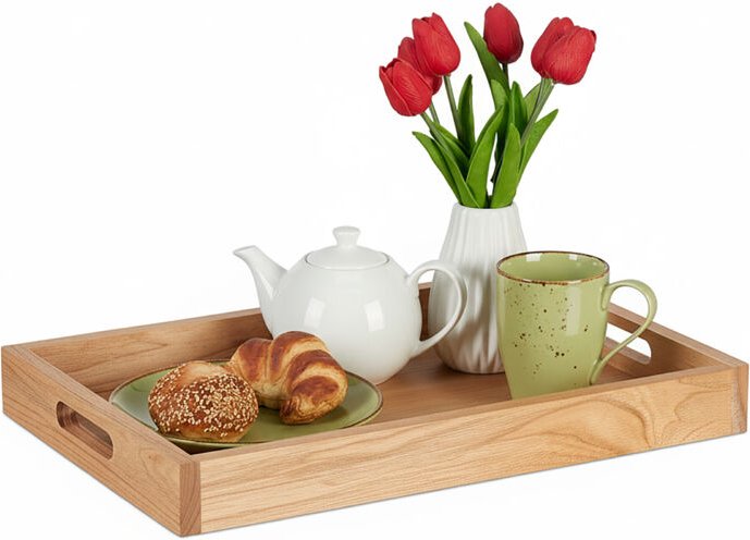 Relaxdays Serviertablett, Holz & MDF, HxBxT: 5 x 55 x 35 cm, Essenstablett mit Griffen, hoher Rand, rechteckig, natur