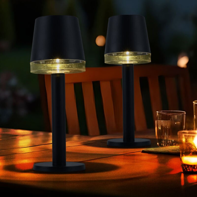 Led Solarlampe Tischleuchte Außenlampe Terrassenlampe Gartenleuchte, Kunststoff klar schwarz, Akku 6-8h IP44, 3000K warm...
