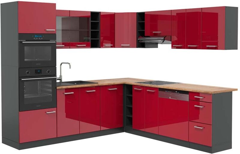 Vicco - Eckküche R-Line, Bordeaux Hochglanz/Anthrazit, 237 x 247 cm , ap Eiche